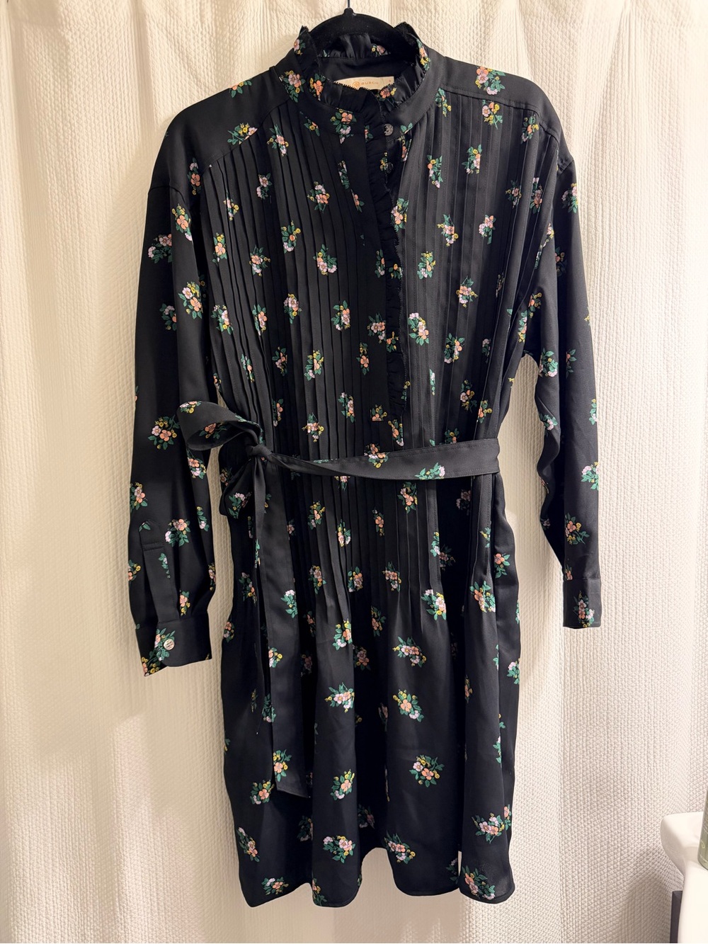 NWT Tory Burch Floral Silk Ruffle Collar Pleated Shirt Dress Sz 6 Black 10001583